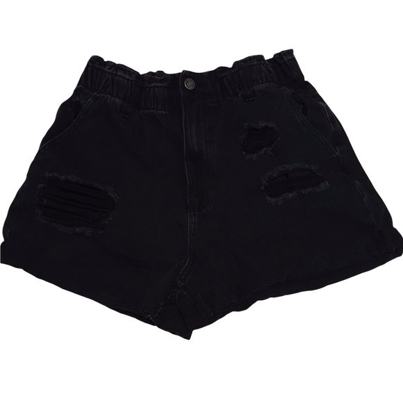 Forever 21 Black Distressed Elastic High Waist Mom Baggy Fest Denim Shorts - Picture 1 of 7